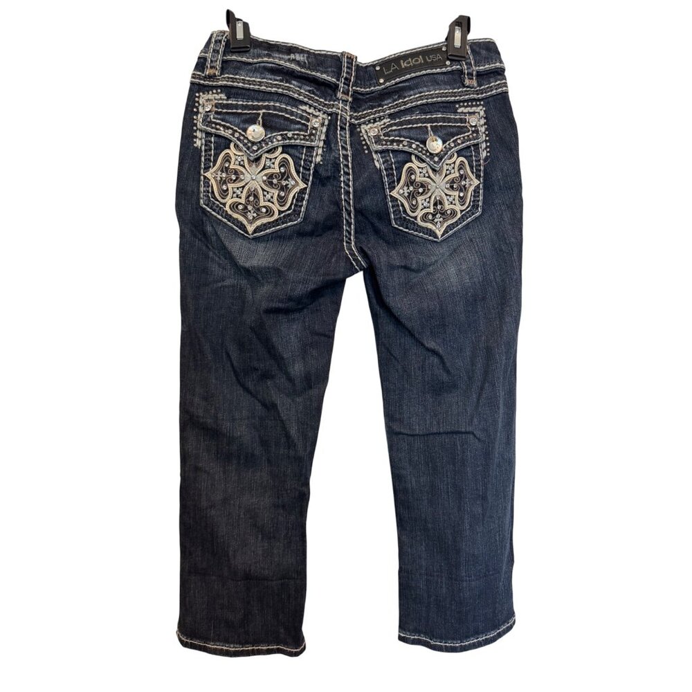 LA Idol USA Womens Embellished capri Jeans Size 9 Mid Rise Rhinestone Pockets Co